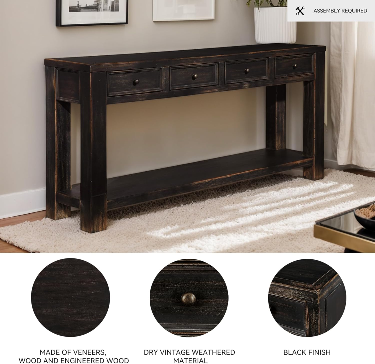 Signature Design by Ashley Gavelston Rustic Sofa Table with 4 Drawers and Lower Shelf, Weathered Black image 4