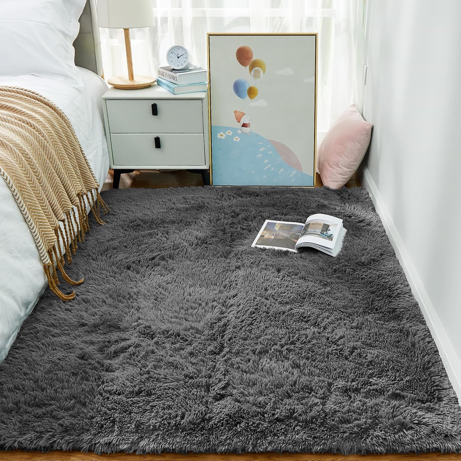 Ophanie Area Rugs for Bedroom, Upgrade Non-Slip Grey Fluffy Soft Shag Carpet, Indoor Floor Gray 4x6 Fuzzy Shaggy Living Room Plush Rug for Kids Home Dorm Decor Aesthetic image 5