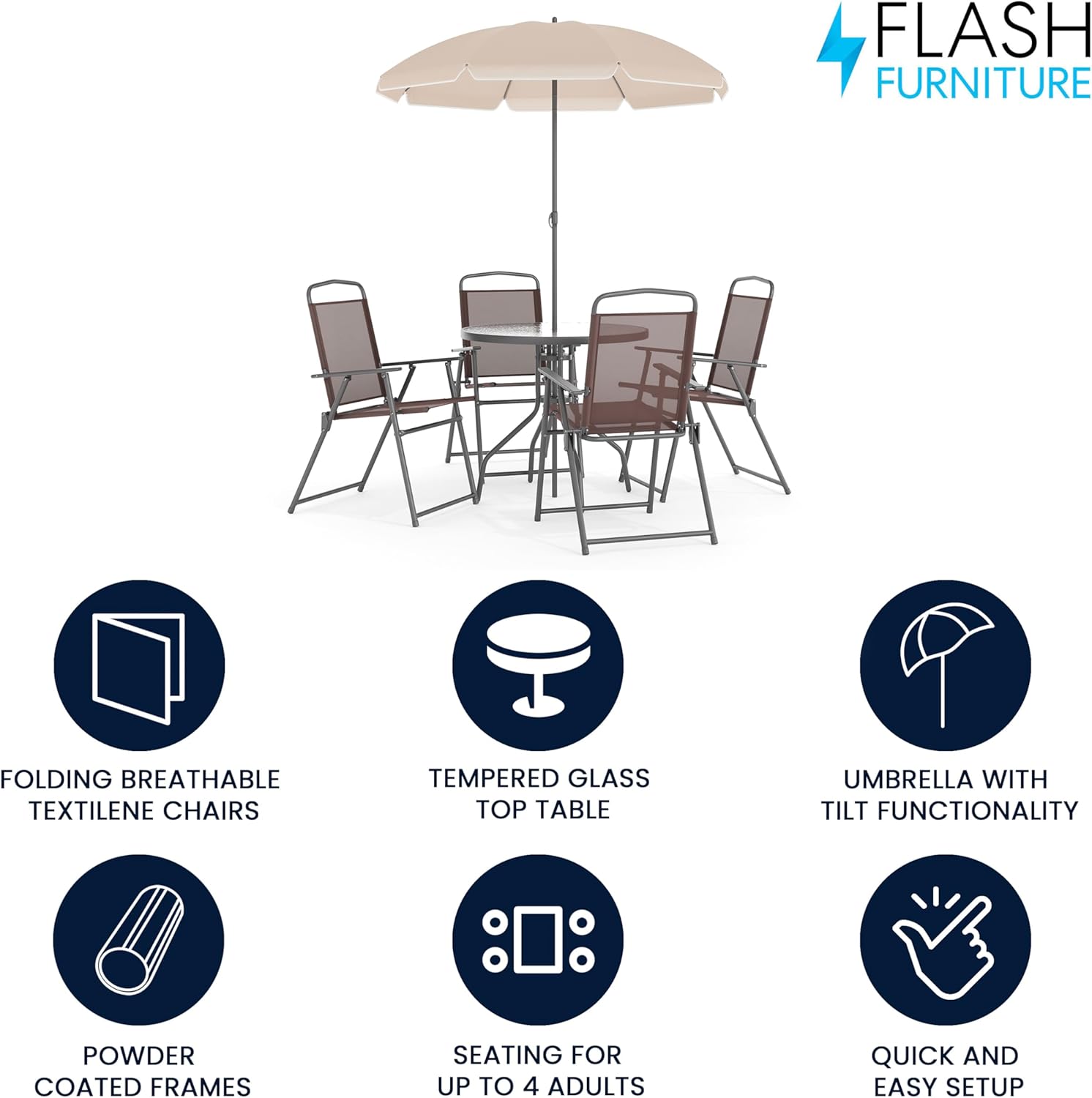 Flash Furniture Nantucket 6-Piece Patio Dining Set with Glass Table, 4 Folding Chairs, and Umbrella, Outdoor Patio Set, Brown image 2