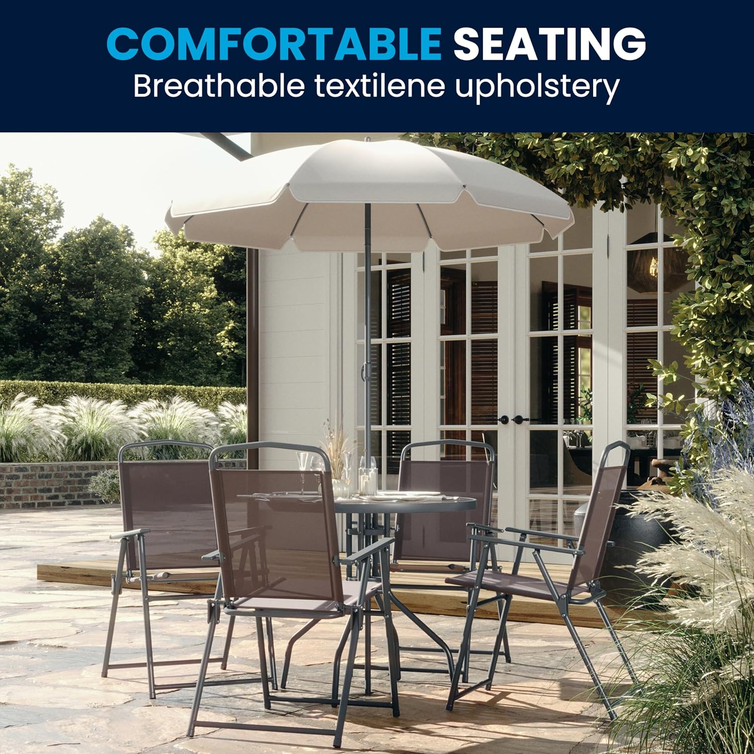 Flash Furniture Nantucket 6-Piece Patio Dining Set with Glass Table, 4 Folding Chairs, and Umbrella, Outdoor Patio Set, Brown image 3
