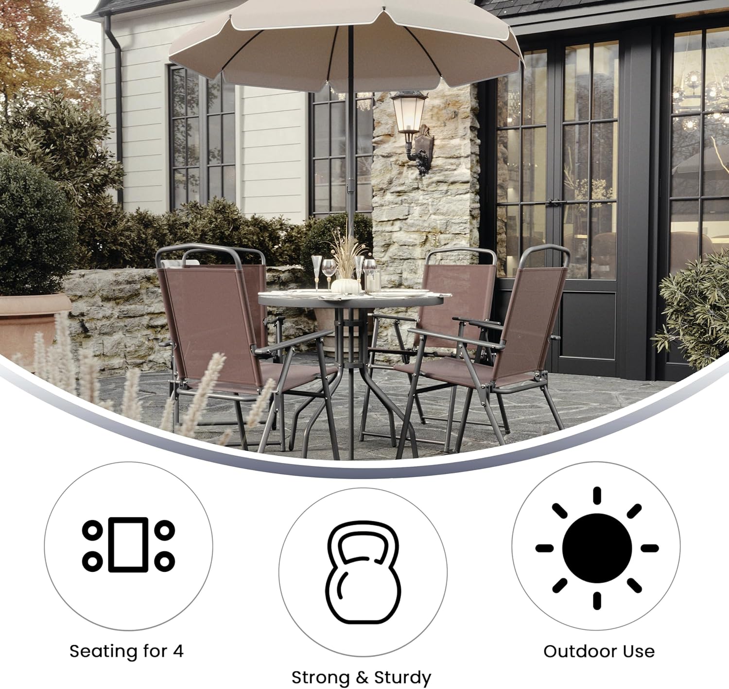 Flash Furniture Nantucket 6-Piece Patio Dining Set with Glass Table, 4 Folding Chairs, and Umbrella, Outdoor Patio Set, Brown image 4
