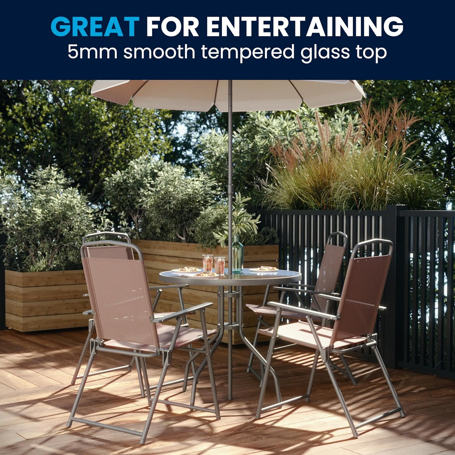 Flash Furniture Nantucket 6-Piece Patio Dining Set with Glass Table, 4 Folding Chairs, and Umbrella, Outdoor Patio Set, Brown image 5
