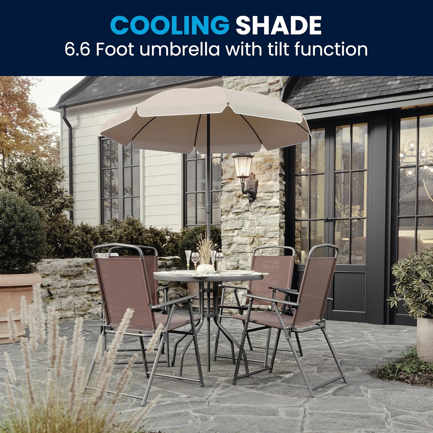 Flash Furniture Nantucket 6-Piece Patio Dining Set with Glass Table, 4 Folding Chairs, and Umbrella, Outdoor Patio Set, Brown image 6