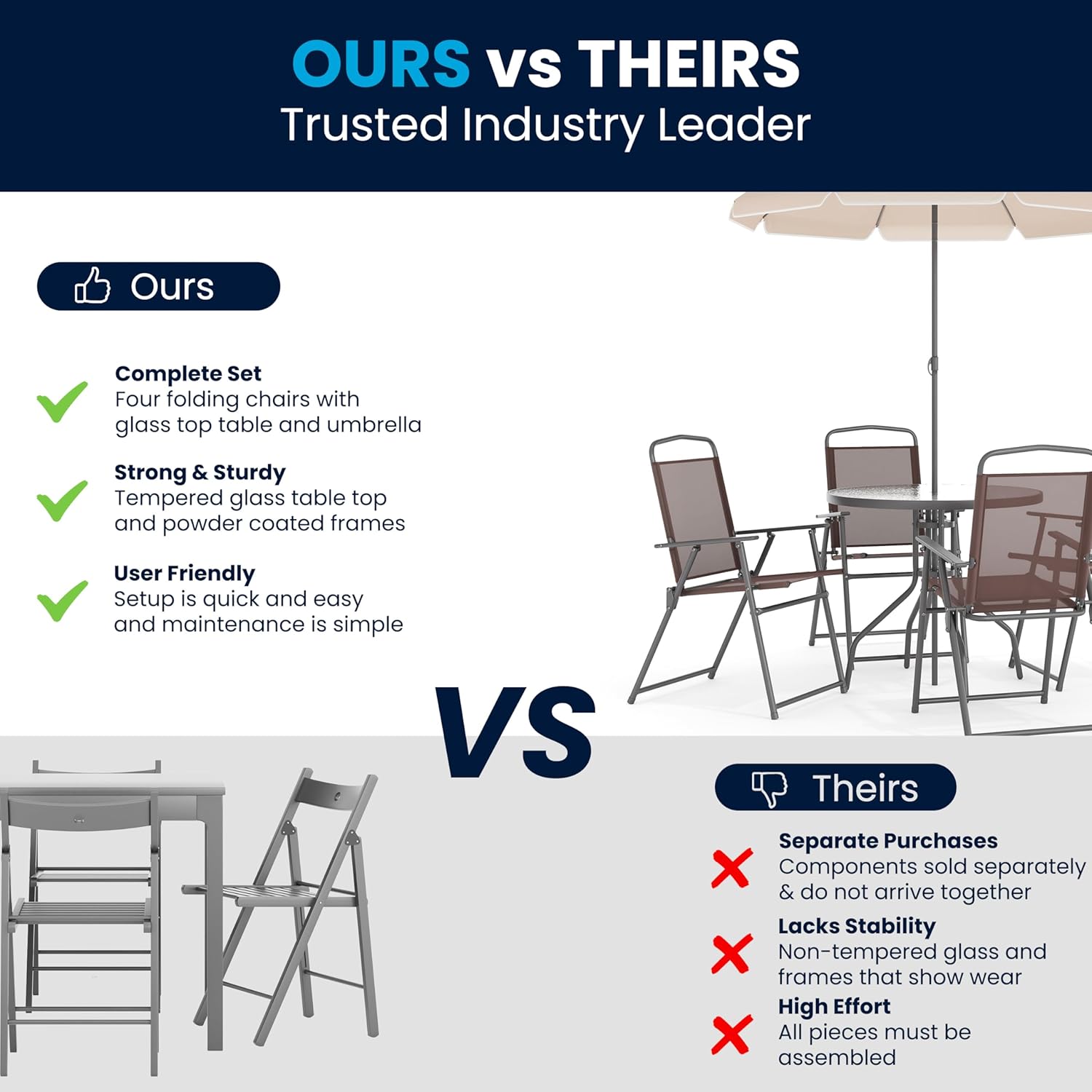 Flash Furniture Nantucket 6-Piece Patio Dining Set with Glass Table, 4 Folding Chairs, and Umbrella, Outdoor Patio Set, Brown image 7