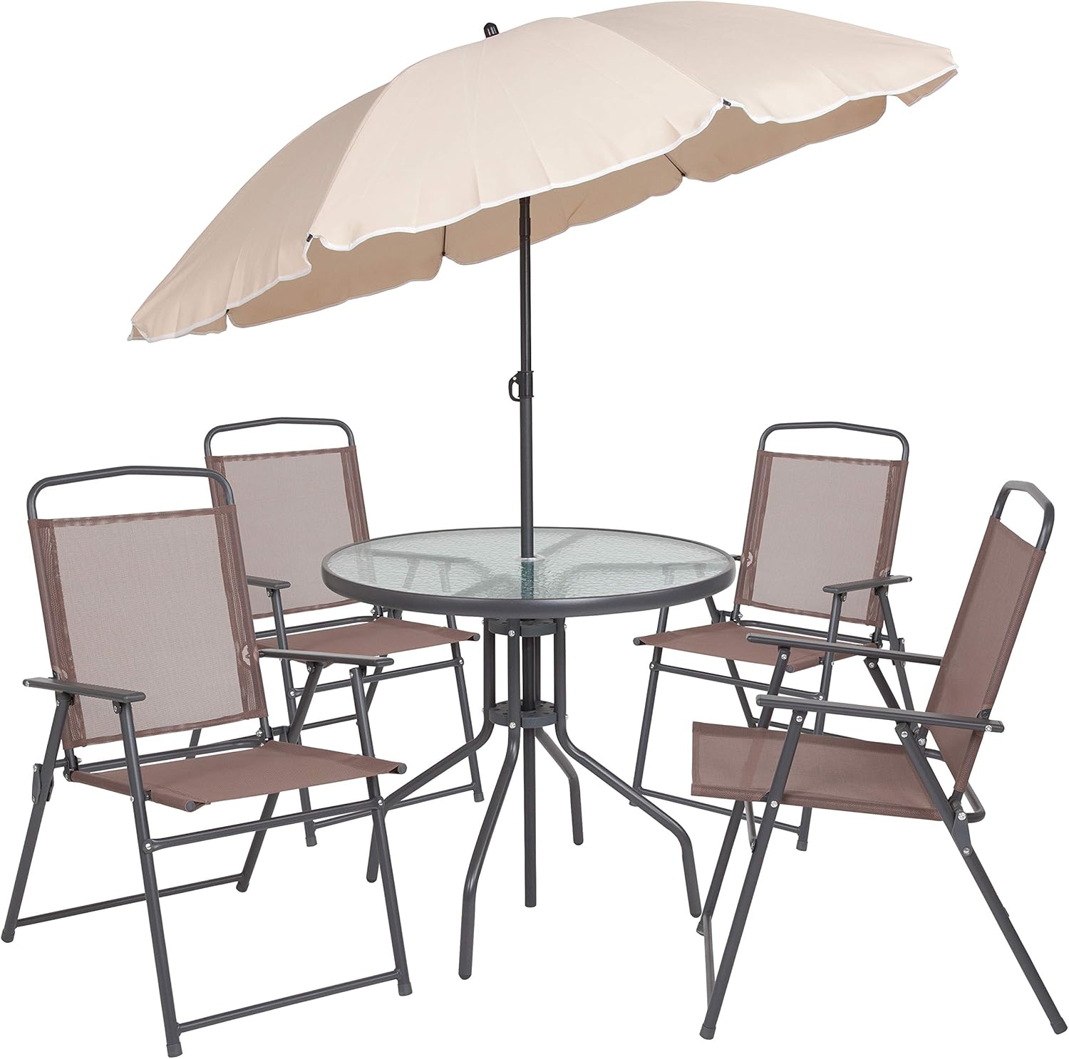 Flash Furniture Nantucket 6-Piece Patio Dining Set with Glass Table, 4 Folding Chairs, and Umbrella, Outdoor Patio Set, Brown image 15