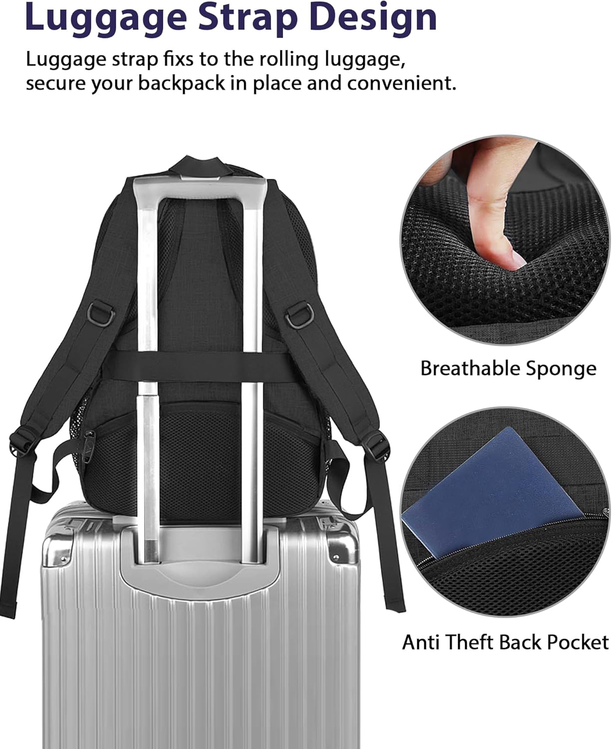 MATEIN 18.4 Inch Laptop School Backpack 50 L, Extra Large Anti Theft Carryon Backpack for Men Women TSA Approved, Work Business Bag with USB Port & Luggage Strap for Travel, Black image 3