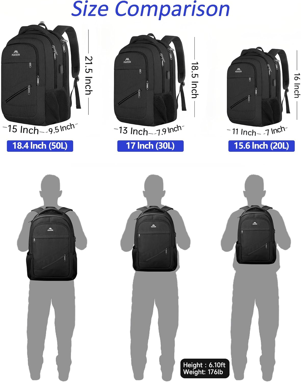 MATEIN 18.4 Inch Laptop School Backpack 50 L, Extra Large Anti Theft Carryon Backpack for Men Women TSA Approved, Work Business Bag with USB Port & Luggage Strap for Travel, Black image 5