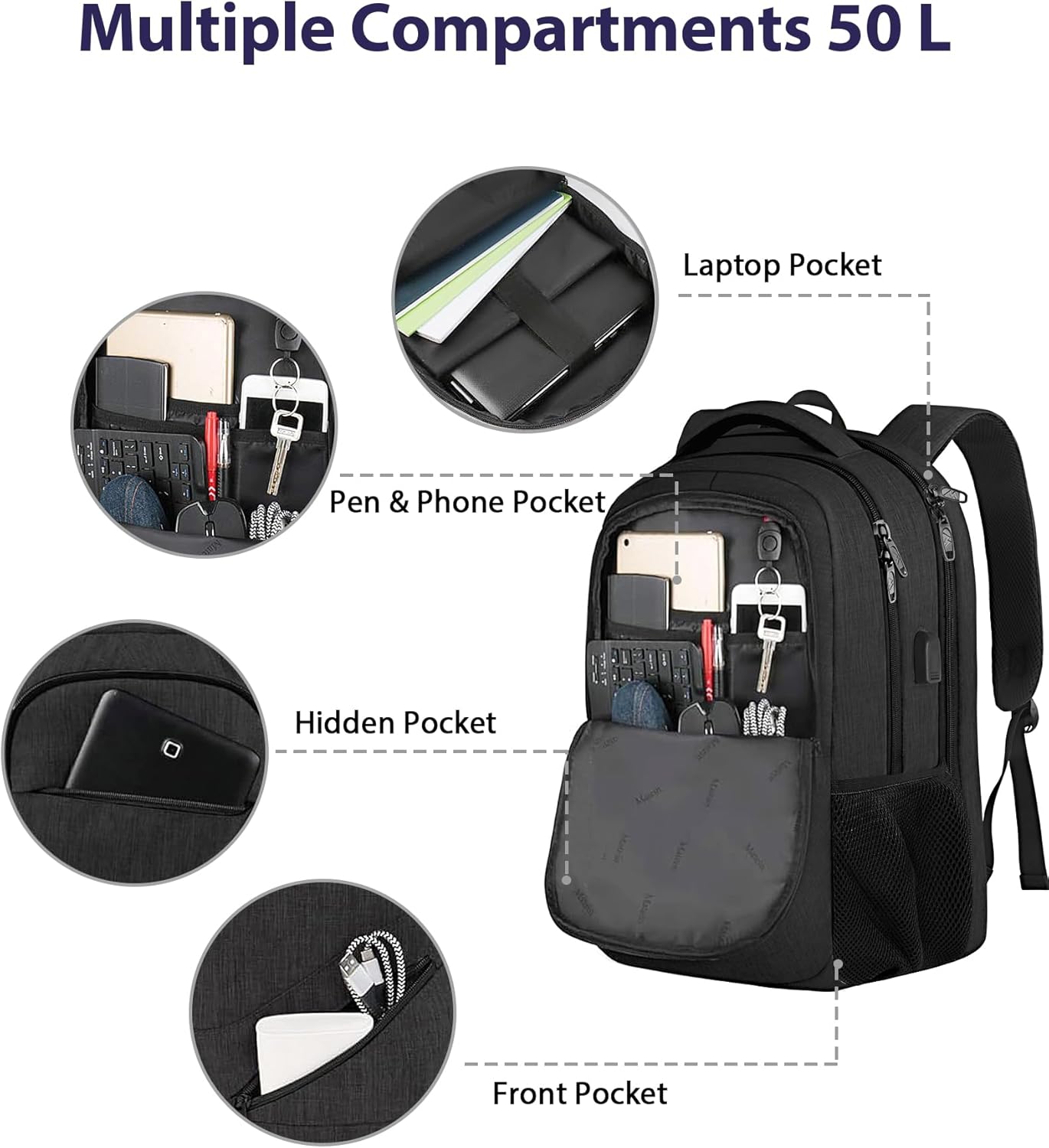 MATEIN 18.4 Inch Laptop School Backpack 50 L, Extra Large Anti Theft Carryon Backpack for Men Women TSA Approved, Work Business Bag with USB Port & Luggage Strap for Travel, Black image 8