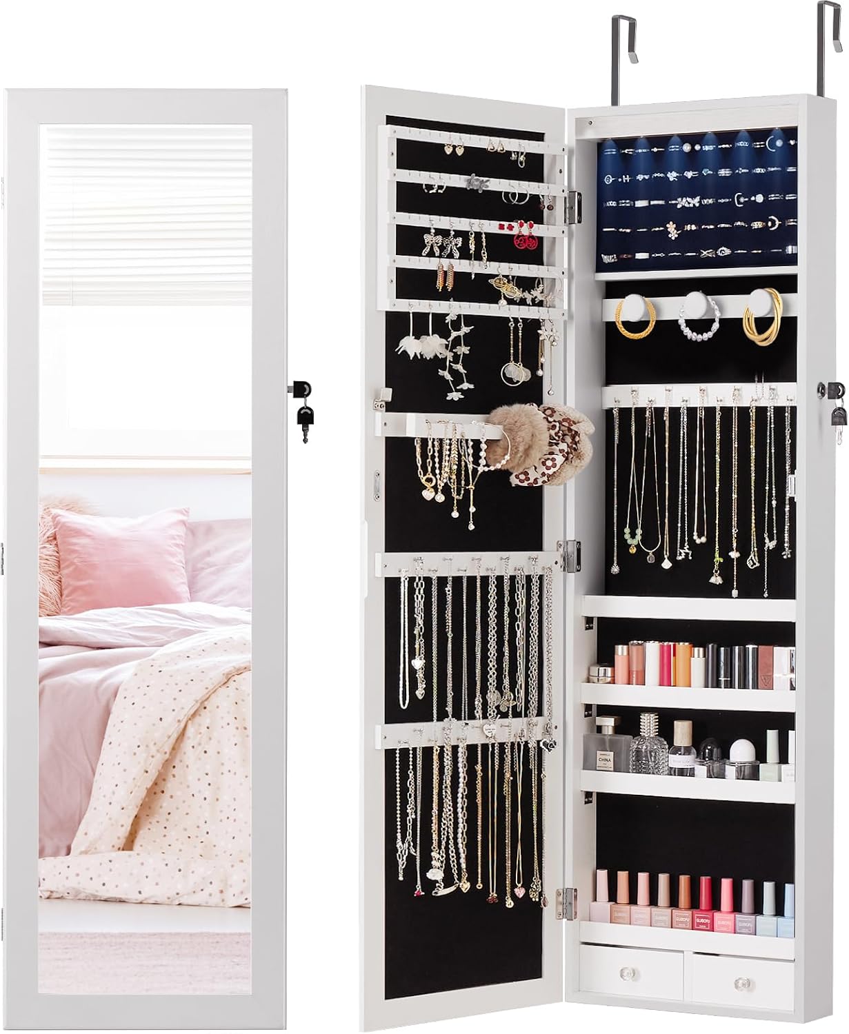 DUMOS 6 LEDs Mirror Jewelry Cabinet, Wall or Door Mounted Jewelry Organizer, 47.2-Inch Tall Lockable Large Capacity Cosmetic Storage, Gift Idea, White image 1