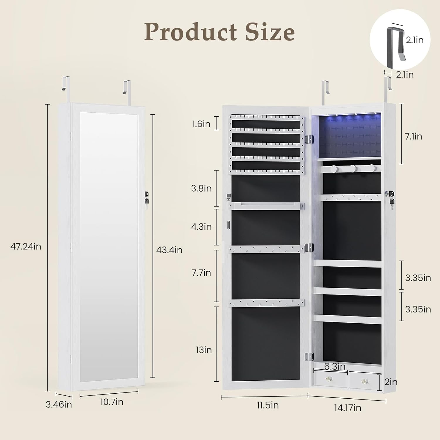 DUMOS 6 LEDs Mirror Jewelry Cabinet, Wall or Door Mounted Jewelry Organizer, 47.2-Inch Tall Lockable Large Capacity Cosmetic Storage, Gift Idea, White image 2
