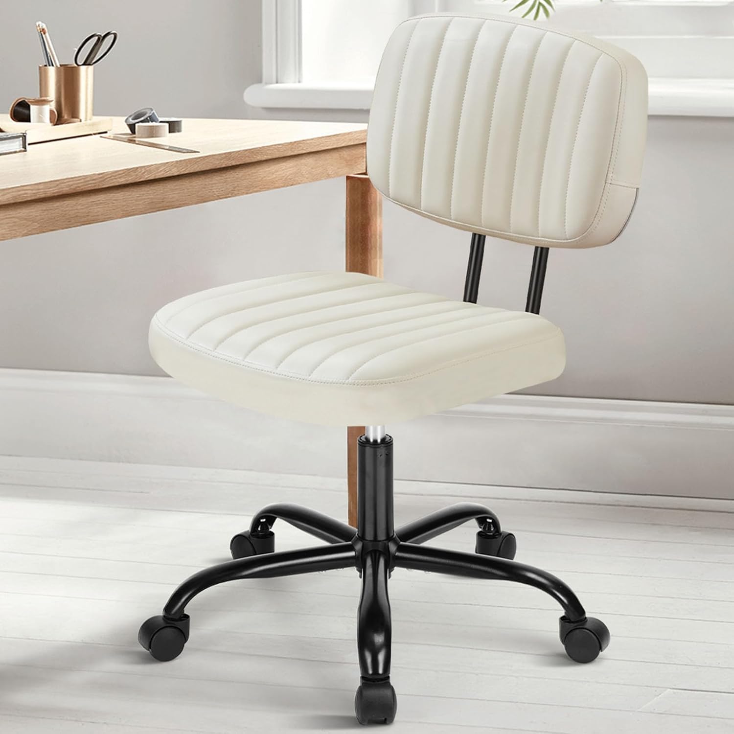 DUMOS Armless Home Office Desk Chair -Small Ergonomic with Low Back Lumbar Support, Height Adjustable PU Leather Computer Task with 360° Swivel Rolling Wheels, for Small Space, Beige White image 1