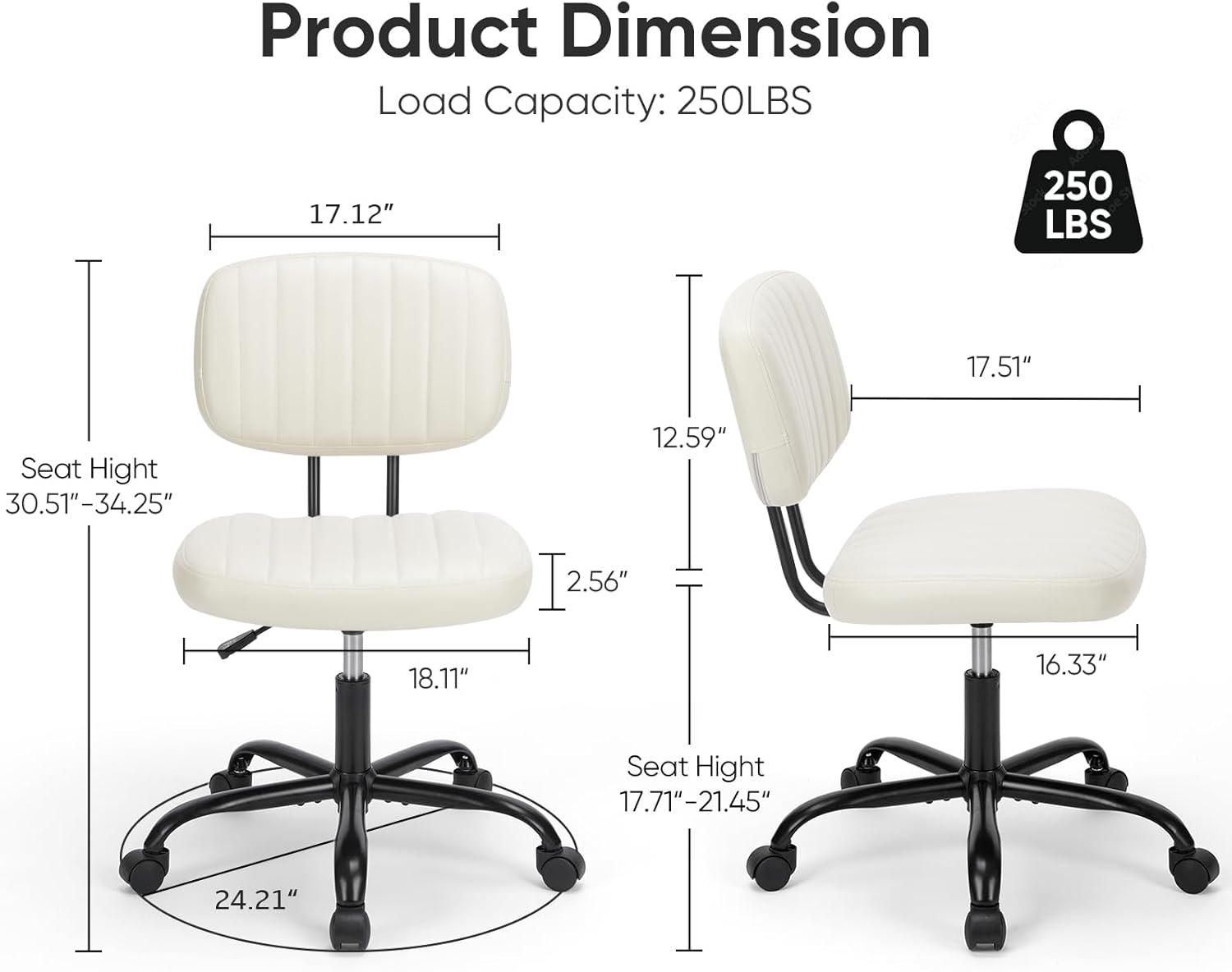 DUMOS Armless Home Office Desk Chair -Small Ergonomic with Low Back Lumbar Support, Height Adjustable PU Leather Computer Task with 360° Swivel Rolling Wheels, for Small Space, Beige White image 2