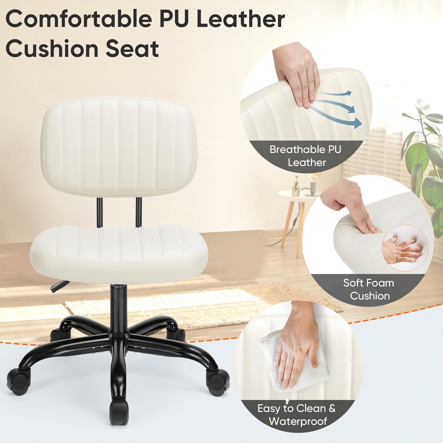 DUMOS Armless Home Office Desk Chair -Small Ergonomic with Low Back Lumbar Support, Height Adjustable PU Leather Computer Task with 360° Swivel Rolling Wheels, for Small Space, Beige White image 4