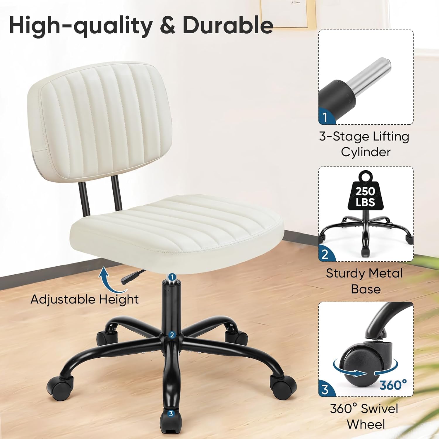 DUMOS Armless Home Office Desk Chair -Small Ergonomic with Low Back Lumbar Support, Height Adjustable PU Leather Computer Task with 360° Swivel Rolling Wheels, for Small Space, Beige White image 5
