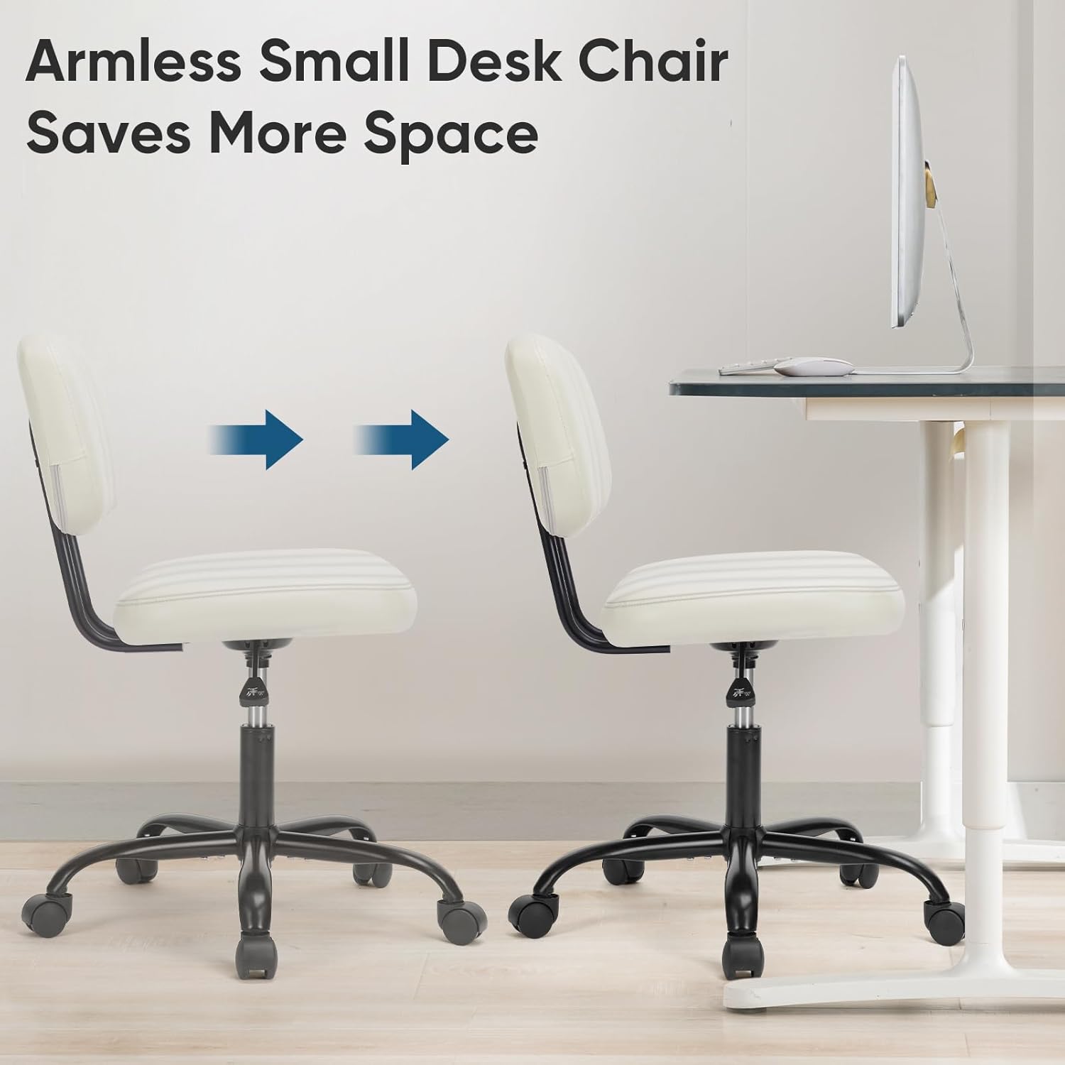 DUMOS Armless Home Office Desk Chair -Small Ergonomic with Low Back Lumbar Support, Height Adjustable PU Leather Computer Task with 360° Swivel Rolling Wheels, for Small Space, Beige White image 6