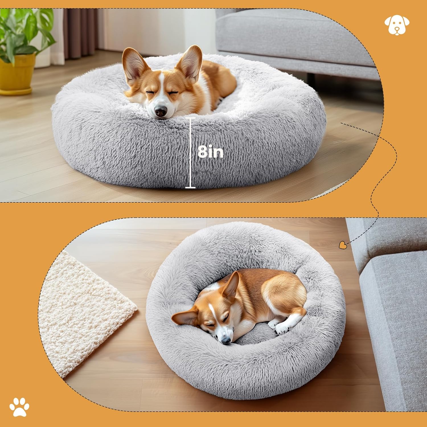 DUMOS Donut Dog Bed, Washable Dog Couch Bed with Removable Cover, Waterproof Pet Bed for Small Size Dogs, Memory Foam Pet Bed Non-Slip Base, Gray image 2