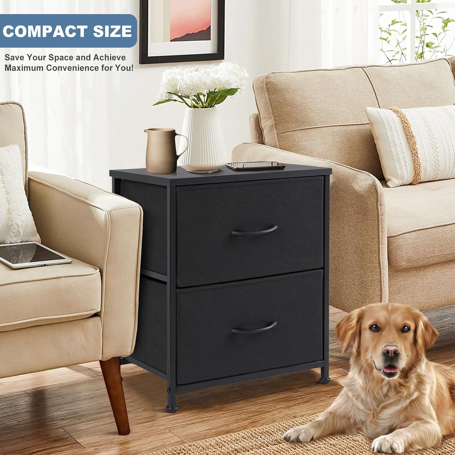 DUMOS Nightstand Small Dresser with 2 Fabric Drawers Side Tables Bedroom End Table Bedside Storage Furniture for 20 inch Tall Night Stand for Entryway, College Dorm, Classic Black image 2