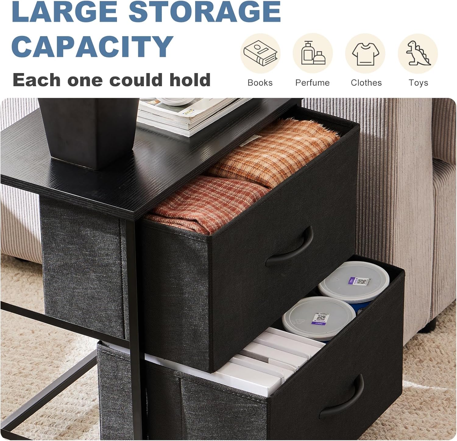 DUMOS Nightstand Small Dresser with 2 Fabric Drawers Side Tables Bedroom End Table Bedside Storage Furniture for 20 inch Tall Night Stand for Entryway, College Dorm, Classic Black image 4