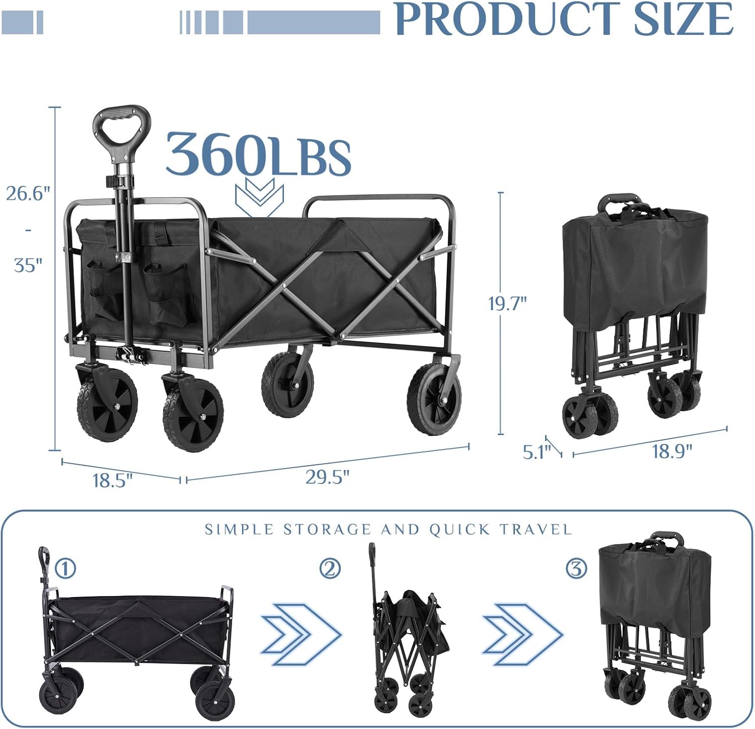 DUMOS Foldable Wagons Carts with All-Terrain Wheels, 120L & 360LBS Portable Garden Wagon Large Capacity Utility Cart with Drink Holders, Heavy Duty Collapsible for Sand, Beach, Gardening (30IN Black) image 2