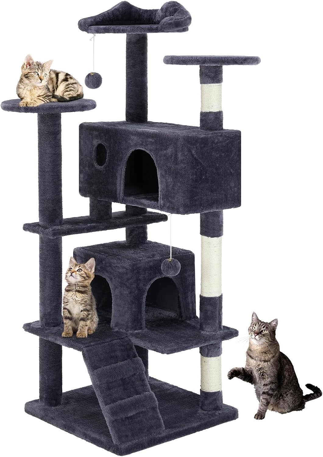 DUMOS 54-inch Indoor Cat Tree Tower –Multi-Level Pet House for Large Cats with 2 Condos, Scratching Posts, Round Platform, Small Ladder, and Toys – Perfect for Cats of All Ages, Dark Grey image 1