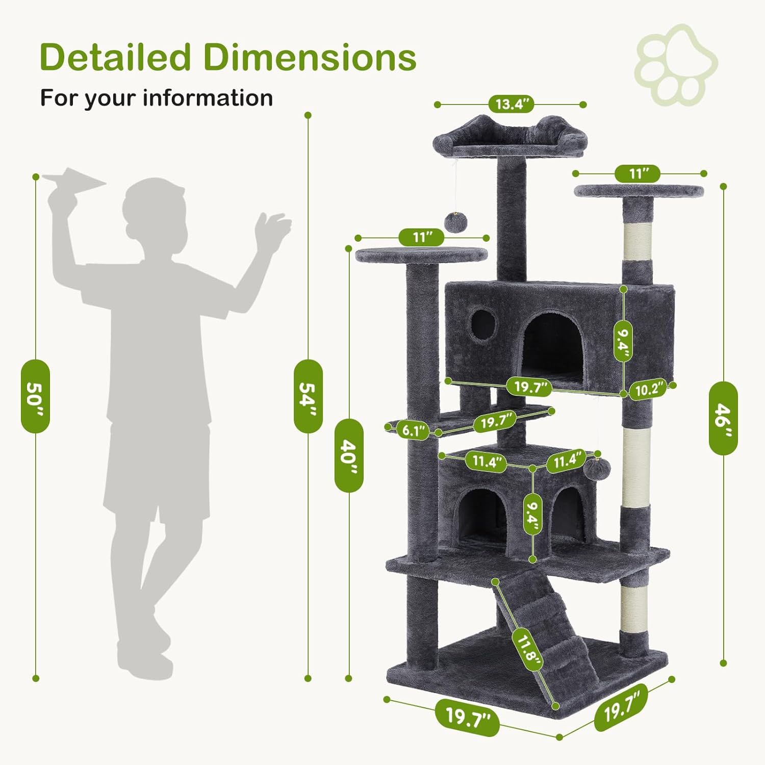 DUMOS 54-inch Indoor Cat Tree Tower –Multi-Level Pet House for Large Cats with 2 Condos, Scratching Posts, Round Platform, Small Ladder, and Toys – Perfect for Cats of All Ages, Dark Grey image 2