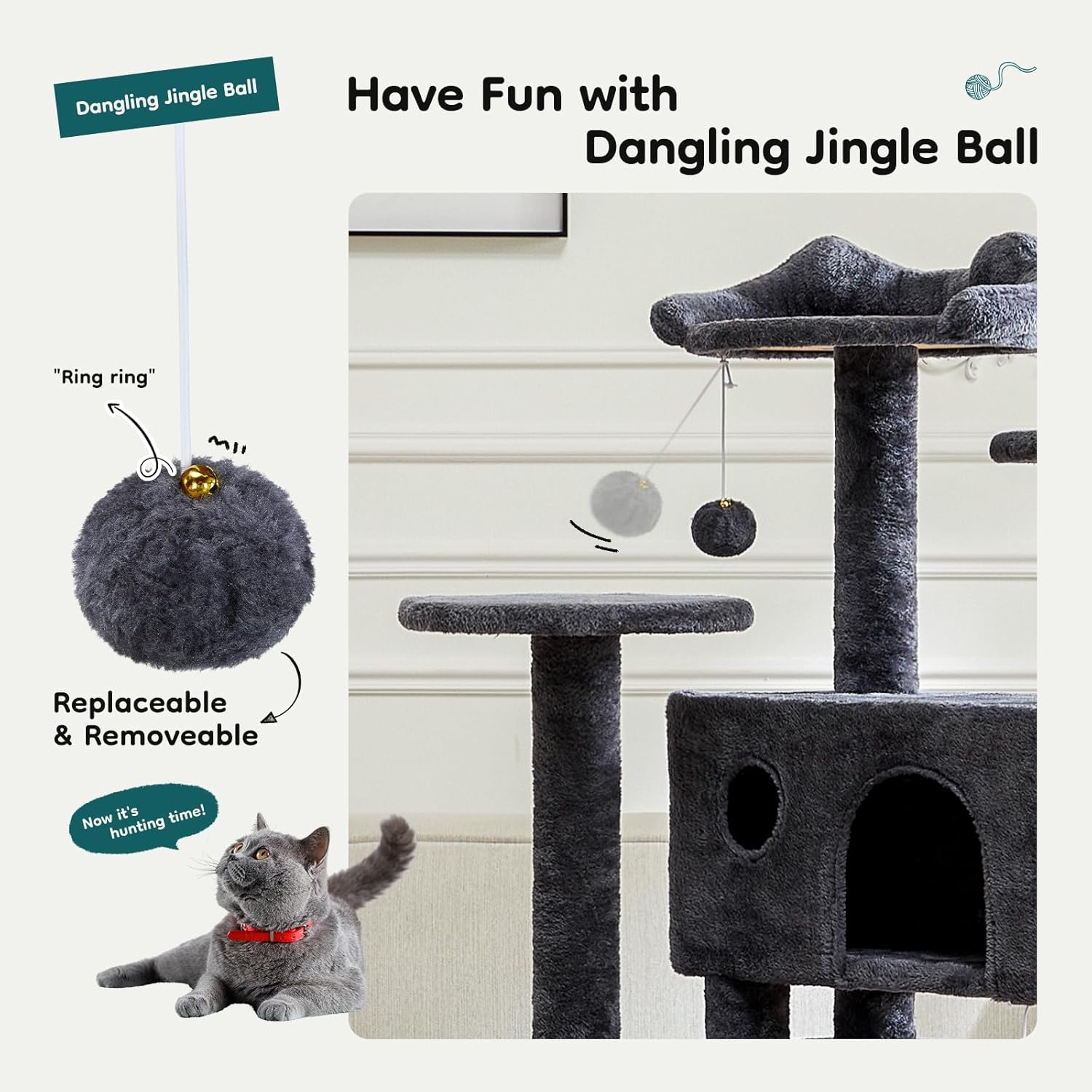 DUMOS 54-inch Indoor Cat Tree Tower –Multi-Level Pet House for Large Cats with 2 Condos, Scratching Posts, Round Platform, Small Ladder, and Toys – Perfect for Cats of All Ages, Dark Grey image 3