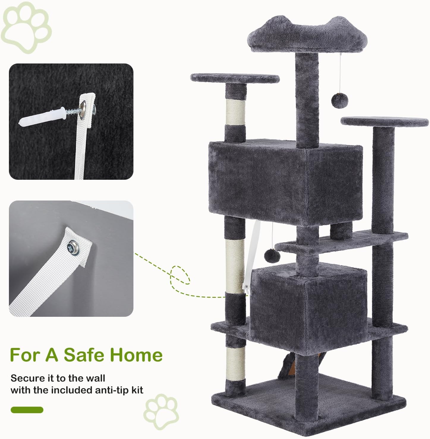 DUMOS 54-inch Indoor Cat Tree Tower –Multi-Level Pet House for Large Cats with 2 Condos, Scratching Posts, Round Platform, Small Ladder, and Toys – Perfect for Cats of All Ages, Dark Grey image 4