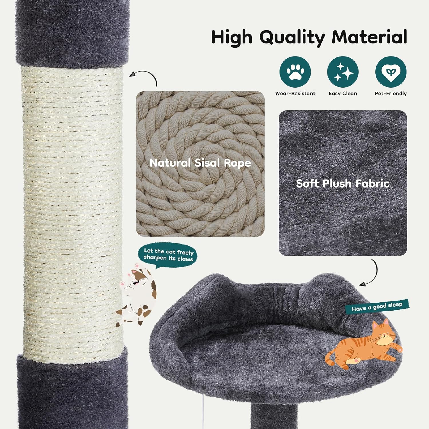 DUMOS 54-inch Indoor Cat Tree Tower –Multi-Level Pet House for Large Cats with 2 Condos, Scratching Posts, Round Platform, Small Ladder, and Toys – Perfect for Cats of All Ages, Dark Grey image 6