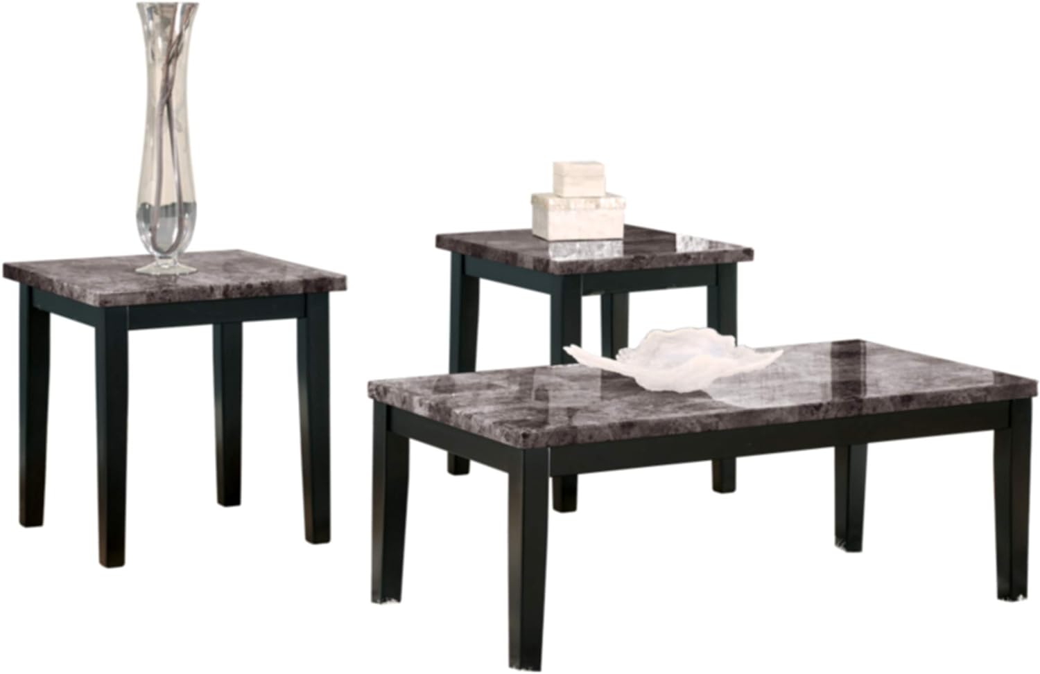 Signature Design by Ashley Maysville Faux Marble Top 3-Piece Table Set, Includes Coffee Table & 2 End Tables, Black image 1