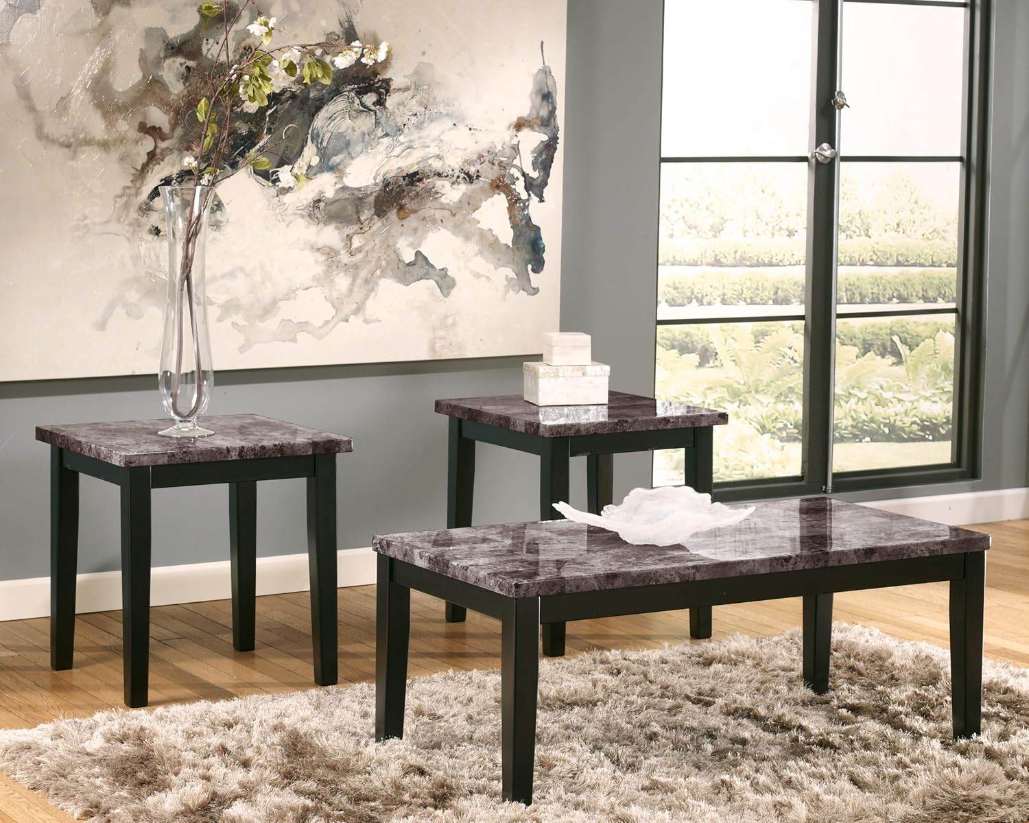 Signature Design by Ashley Maysville Faux Marble Top 3-Piece Table Set, Includes Coffee Table & 2 End Tables, Black image 2