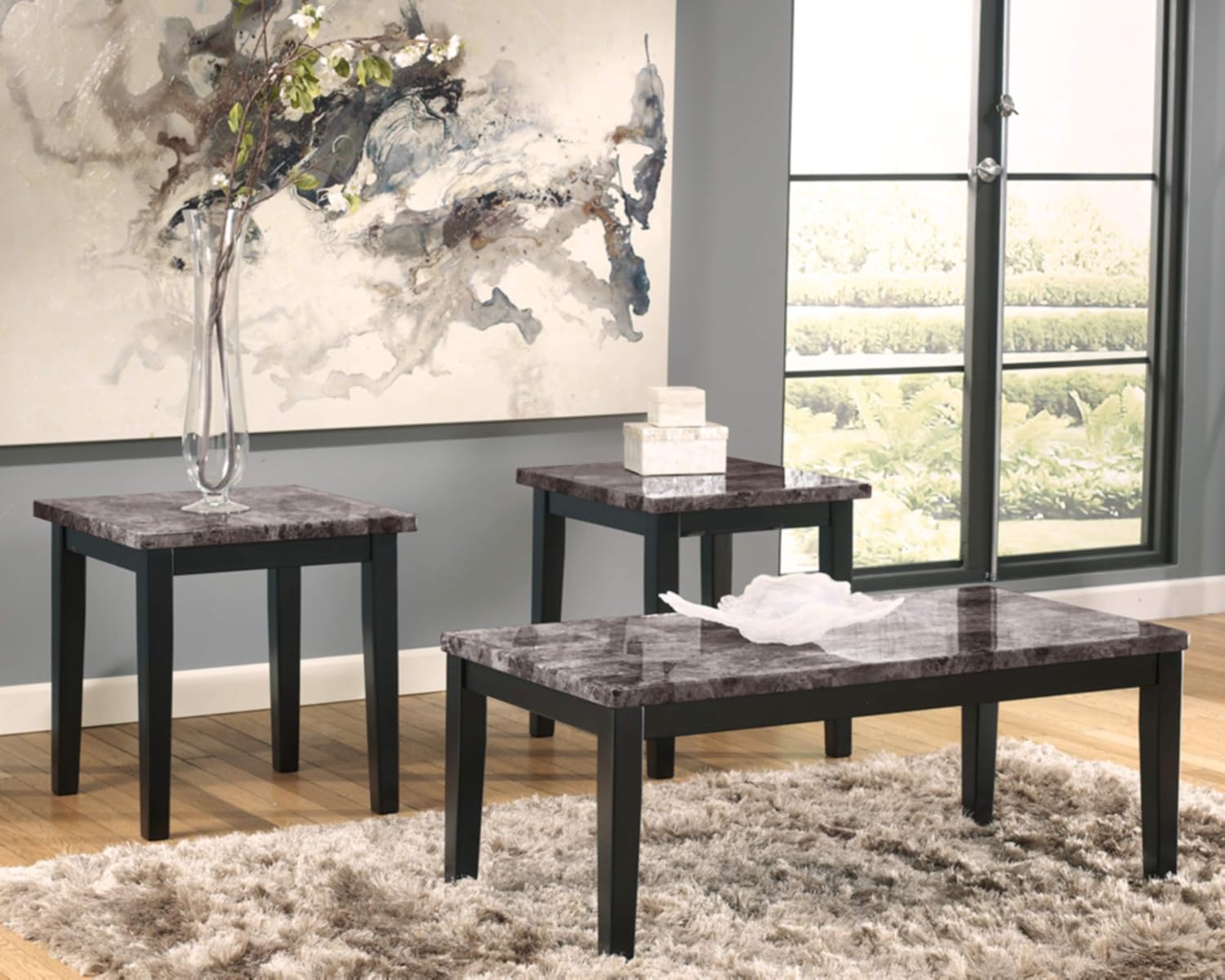 Signature Design by Ashley Maysville Faux Marble Top 3-Piece Table Set, Includes Coffee Table & 2 End Tables, Black image 3