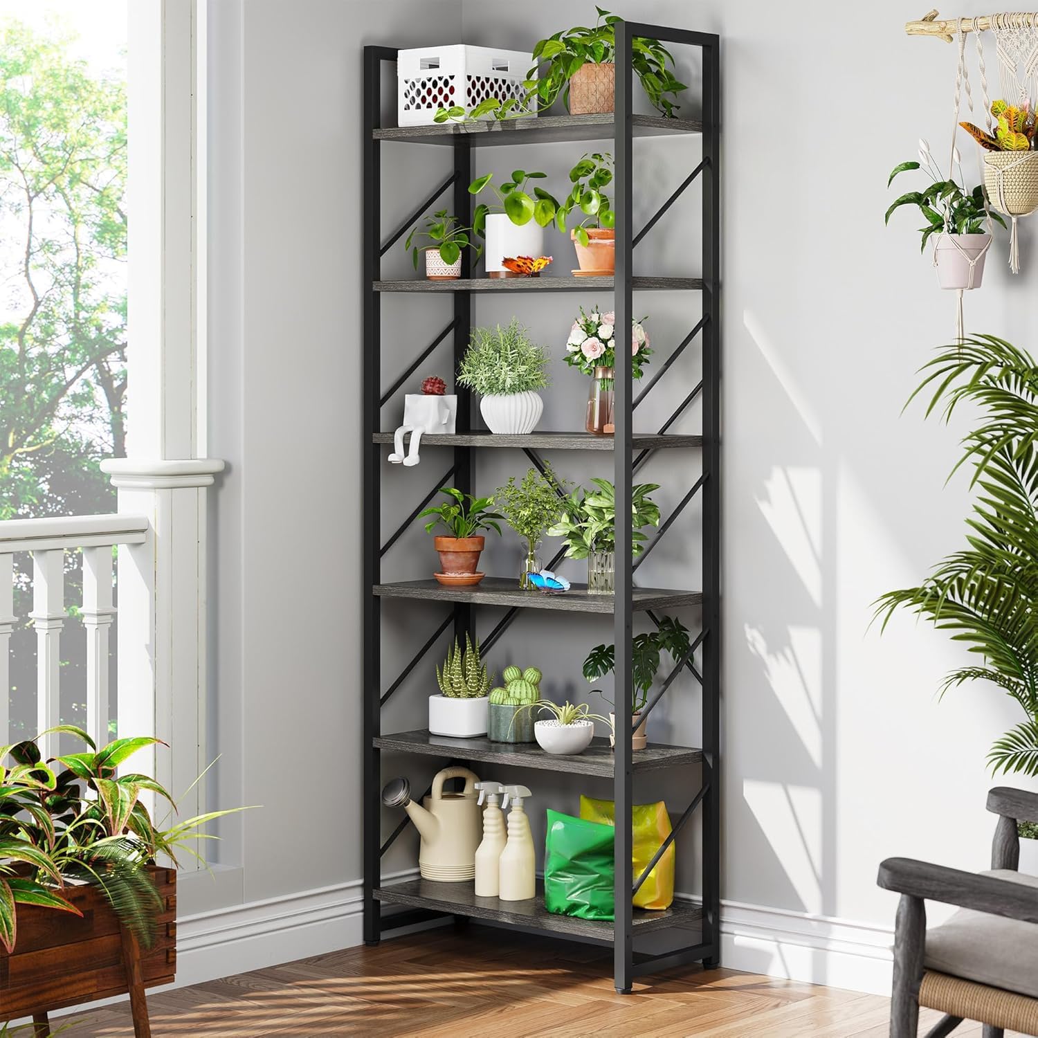 YITAHOME Tall Bookshelf Antique Book Shelf 6 Tier Bookcase, Open Display Storage Rack Shelves for Living Room/Bedroom/Home/Office/Kitchen, Holder Organizer for Books/Movies, Charcoal Gray + Black image 4