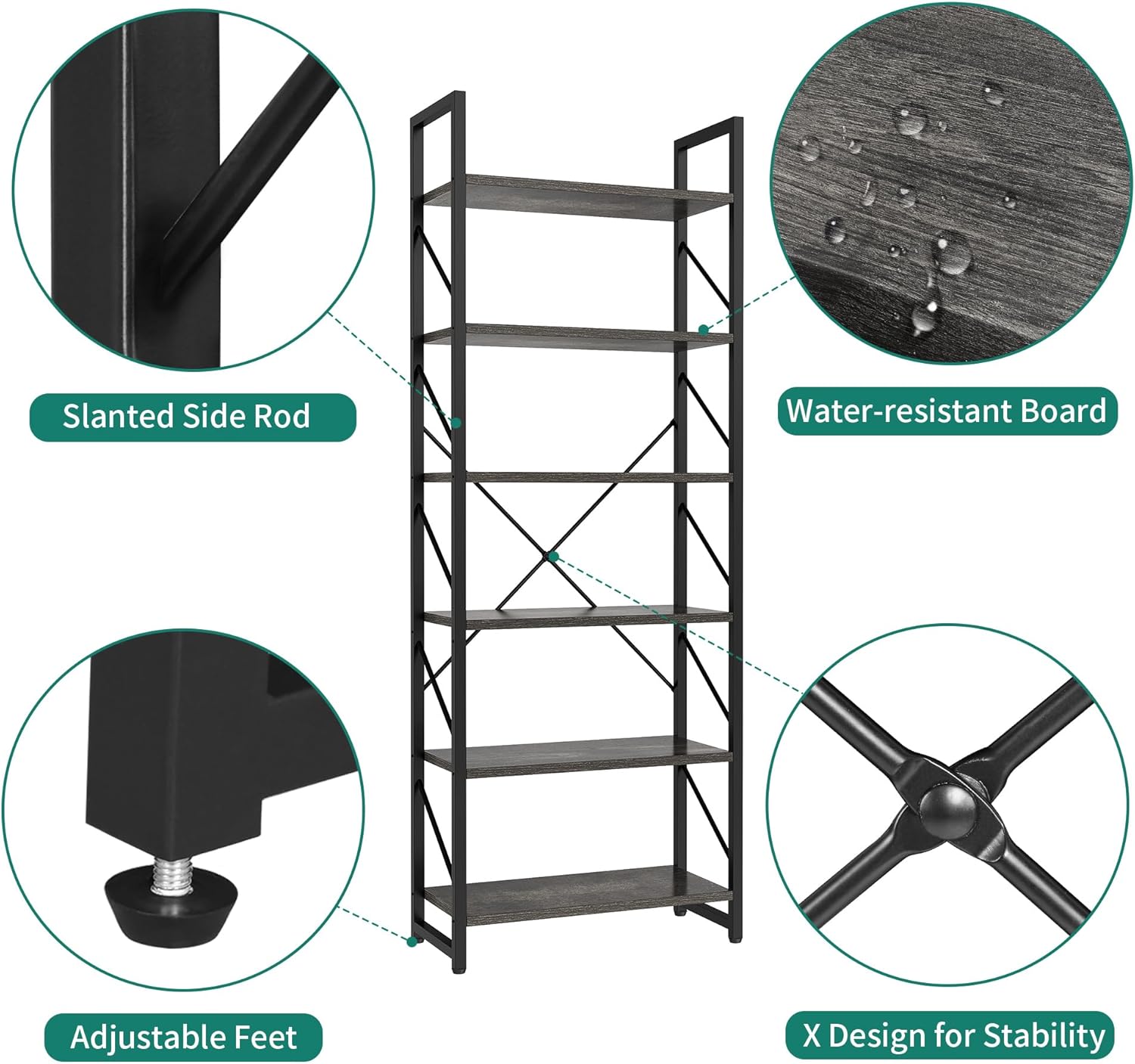YITAHOME Tall Bookshelf Antique Book Shelf 6 Tier Bookcase, Open Display Storage Rack Shelves for Living Room/Bedroom/Home/Office/Kitchen, Holder Organizer for Books/Movies, Charcoal Gray + Black image 8