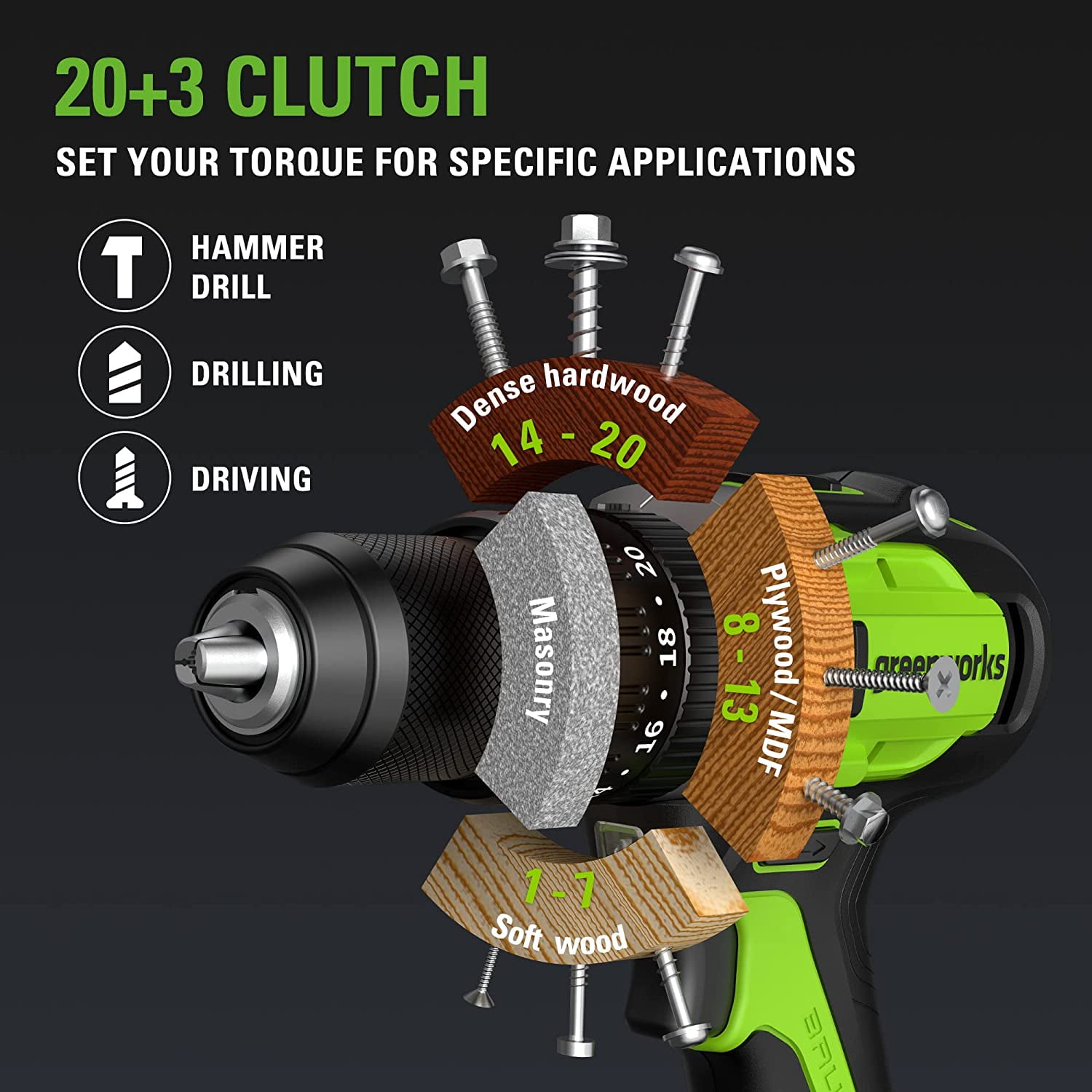 Greenworks 24V 1/2" Cordless Brushless Hammer Drill Kit + 2Ah Battery & Charger 3706602 image 3