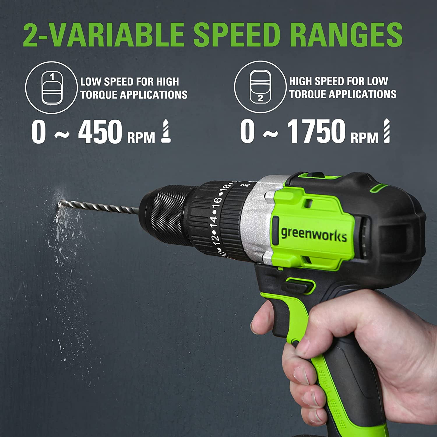 Greenworks 24V 1/2" Cordless Brushless Hammer Drill Kit + 2Ah Battery & Charger 3706602 image 4
