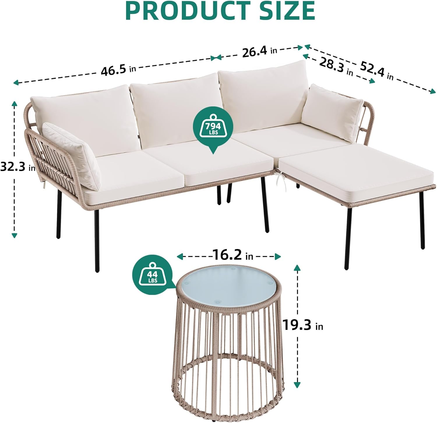 YITAHOME 3 Piece Patio Furniture Set Wicker Patio Sectional with Detachable Cushions and Coffee Table Outdoor Furniture Set L-Shaped Sectional Conversation Sofa Set for Backyard Porch Balcony - Beige image 4