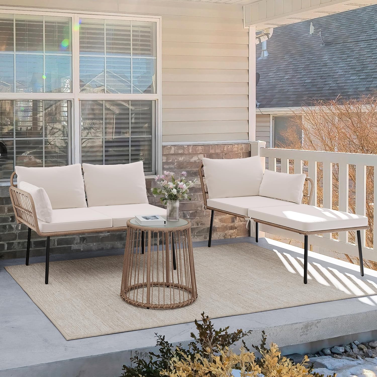 YITAHOME 3 Piece Patio Furniture Set Wicker Patio Sectional with Detachable Cushions and Coffee Table Outdoor Furniture Set L-Shaped Sectional Conversation Sofa Set for Backyard Porch Balcony - Beige image 7