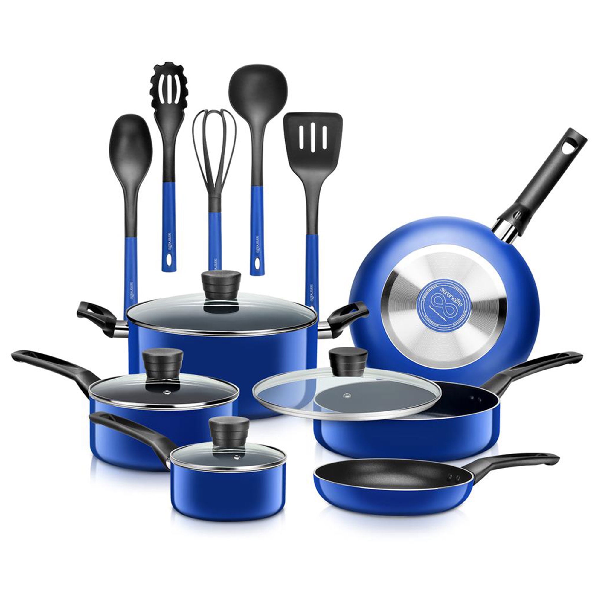 SereneLife 15 Piece Pots and Pans Non Stick Kitchenware Cookware Set, Blue image 1