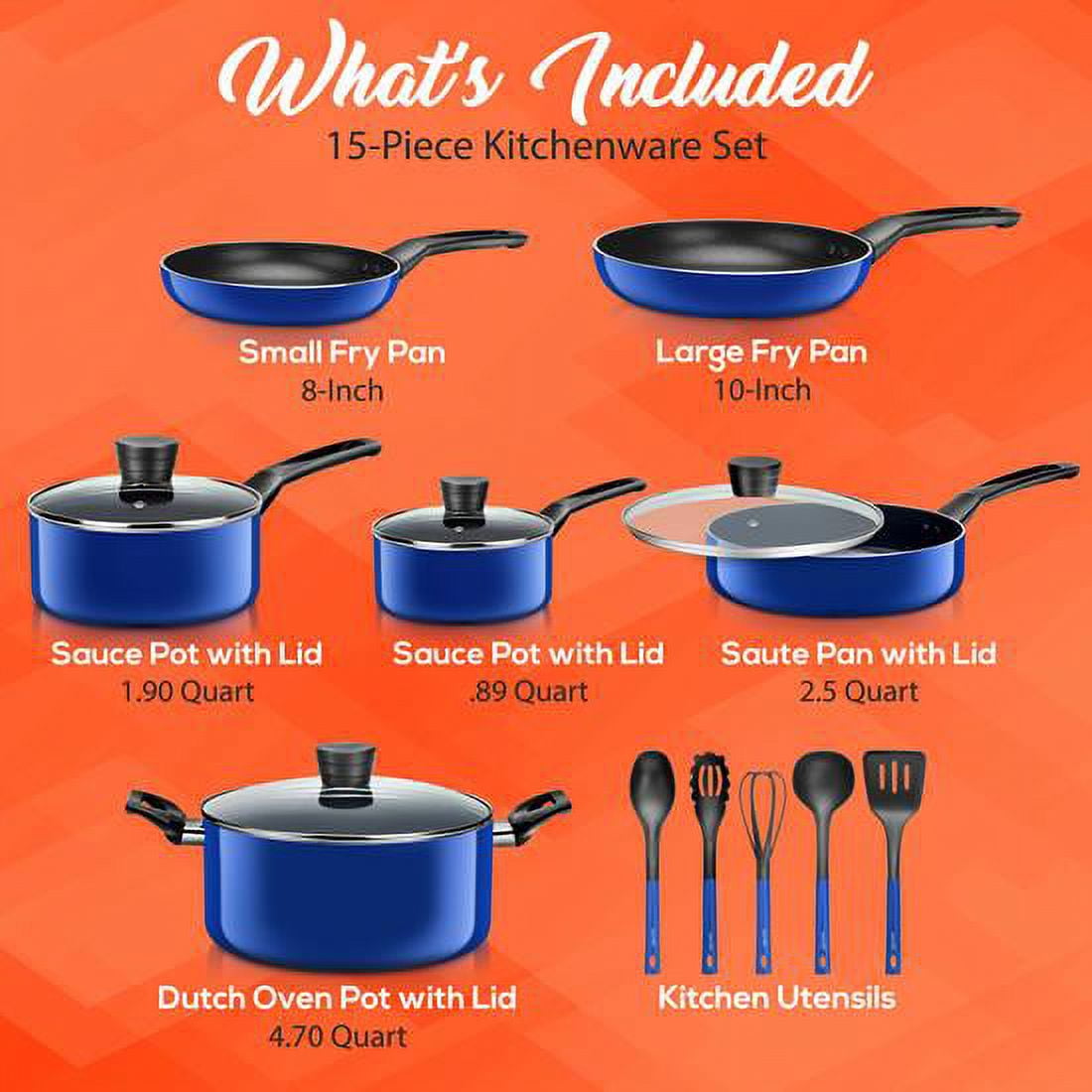 SereneLife 15 Piece Pots and Pans Non Stick Kitchenware Cookware Set, Blue image 2