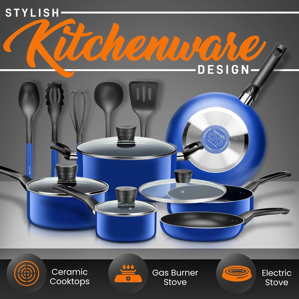 SereneLife 15 Piece Pots and Pans Non Stick Kitchenware Cookware Set, Blue image 6
