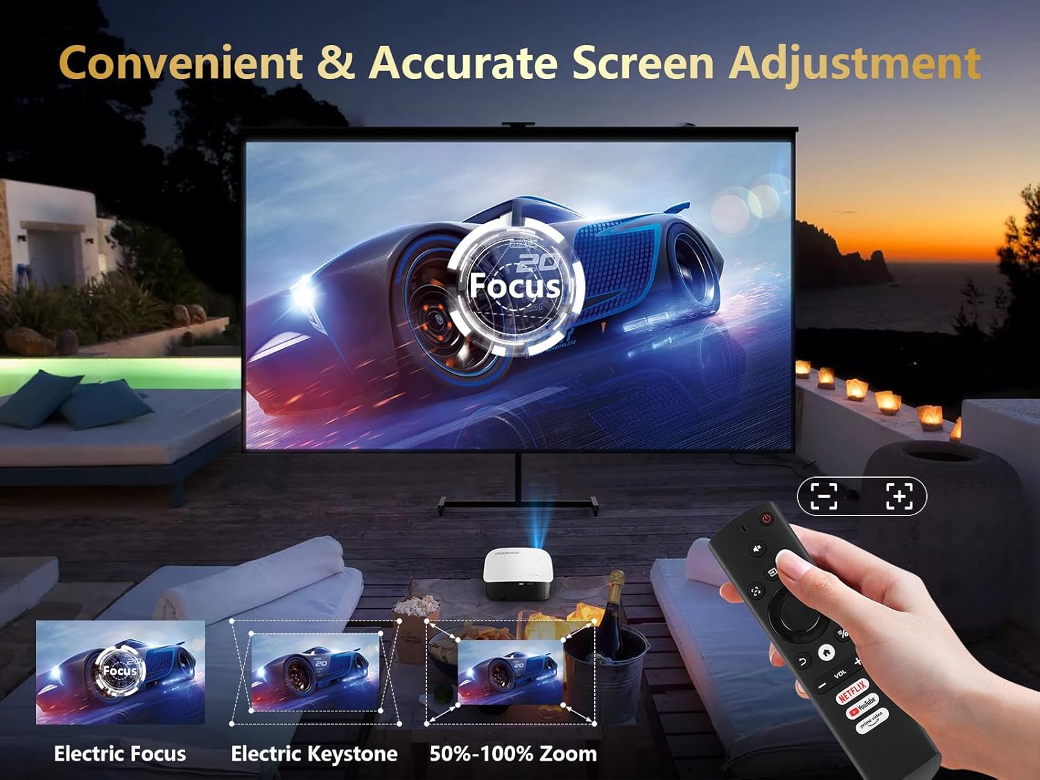 GooDee Smart 4K Projector with 5G WIFI and Bluetooth, Netflix/Amazn Prime Video Certified, Dolby Audio, 800ANSI Outdoor Projector, 400" Zoom Home Theater Projector Compatible with TV Stick,iOS,Android image 3