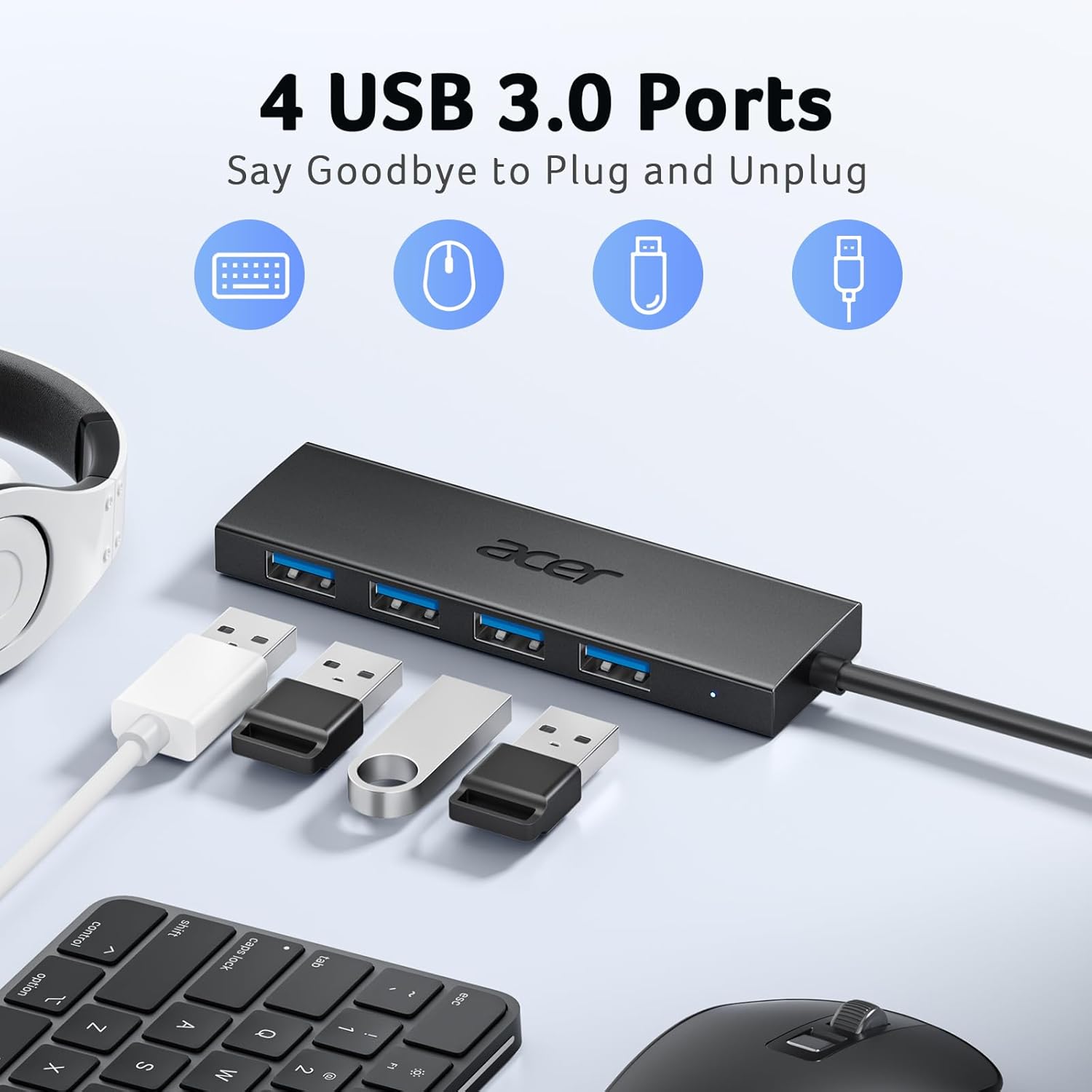 Acer USB Hub 4 Ports, Multiple USB 3.0 Hub, USBA Splitter for Laptop with Type C Power Port, Extender for A Port Laptop, PC, Desktop and More (2ft) image 2