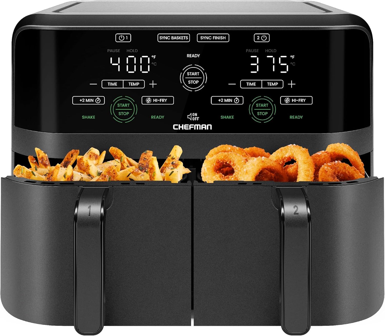 Chefman 6 Quart Dual Basket Air Fryer - Digital Touchscreen, Smart Sync Finish, Hi-Fry, Auto Shutoff, 2 Independent 3QT Nonstick Dishwasher-Safe Frying Baskets - Digital Double Air Fryer - Black image 1