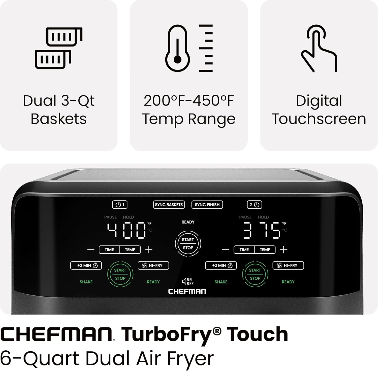 Chefman 6 Quart Dual Basket Air Fryer - Digital Touchscreen, Smart Sync Finish, Hi-Fry, Auto Shutoff, 2 Independent 3QT Nonstick Dishwasher-Safe Frying Baskets - Digital Double Air Fryer - Black image 4