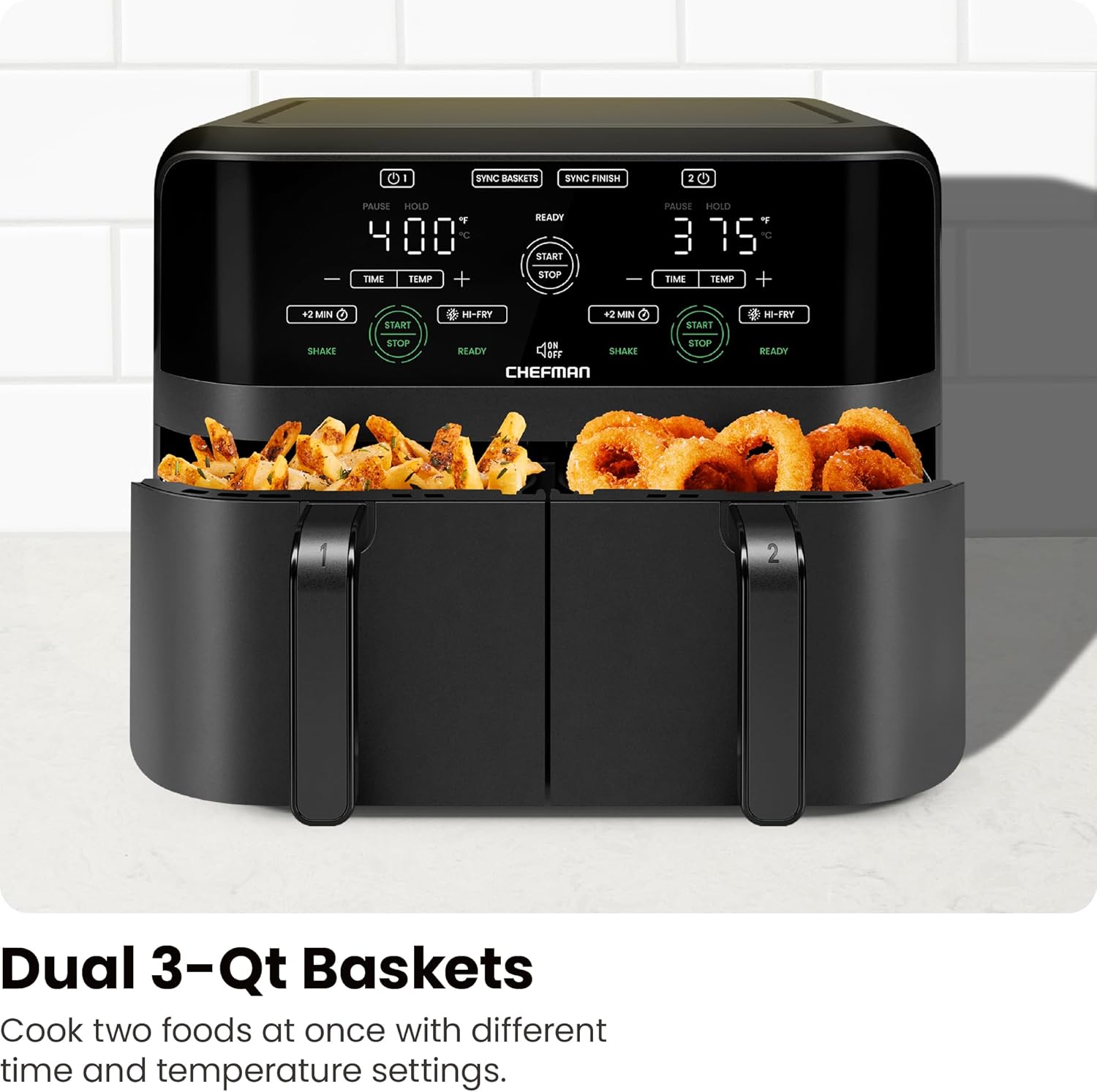 Chefman 6 Quart Dual Basket Air Fryer - Digital Touchscreen, Smart Sync Finish, Hi-Fry, Auto Shutoff, 2 Independent 3QT Nonstick Dishwasher-Safe Frying Baskets - Digital Double Air Fryer - Black image 5
