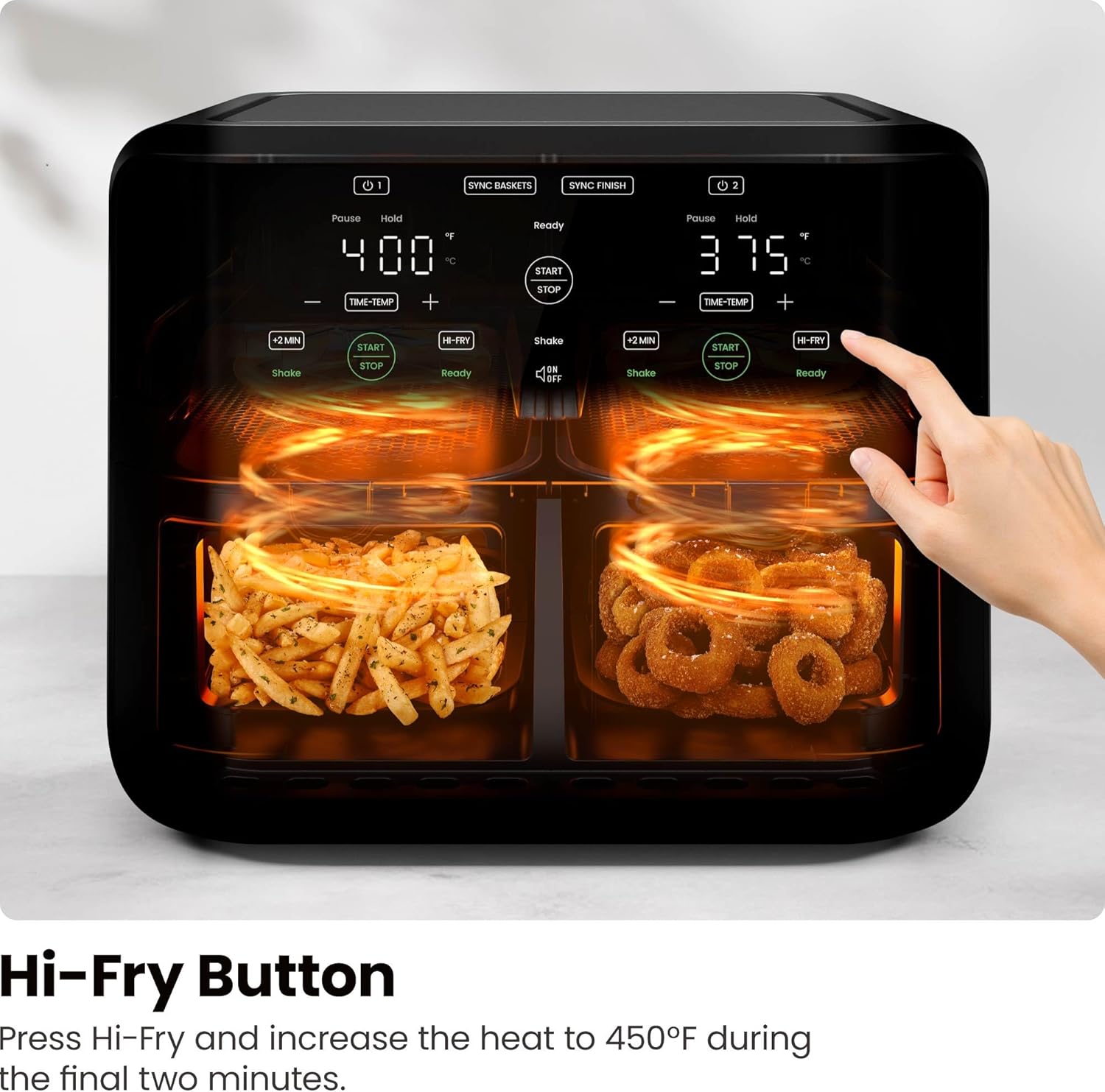 Chefman 6 Quart Dual Basket Air Fryer - Digital Touchscreen, Smart Sync Finish, Hi-Fry, Auto Shutoff, 2 Independent 3QT Nonstick Dishwasher-Safe Frying Baskets - Digital Double Air Fryer - Black image 6