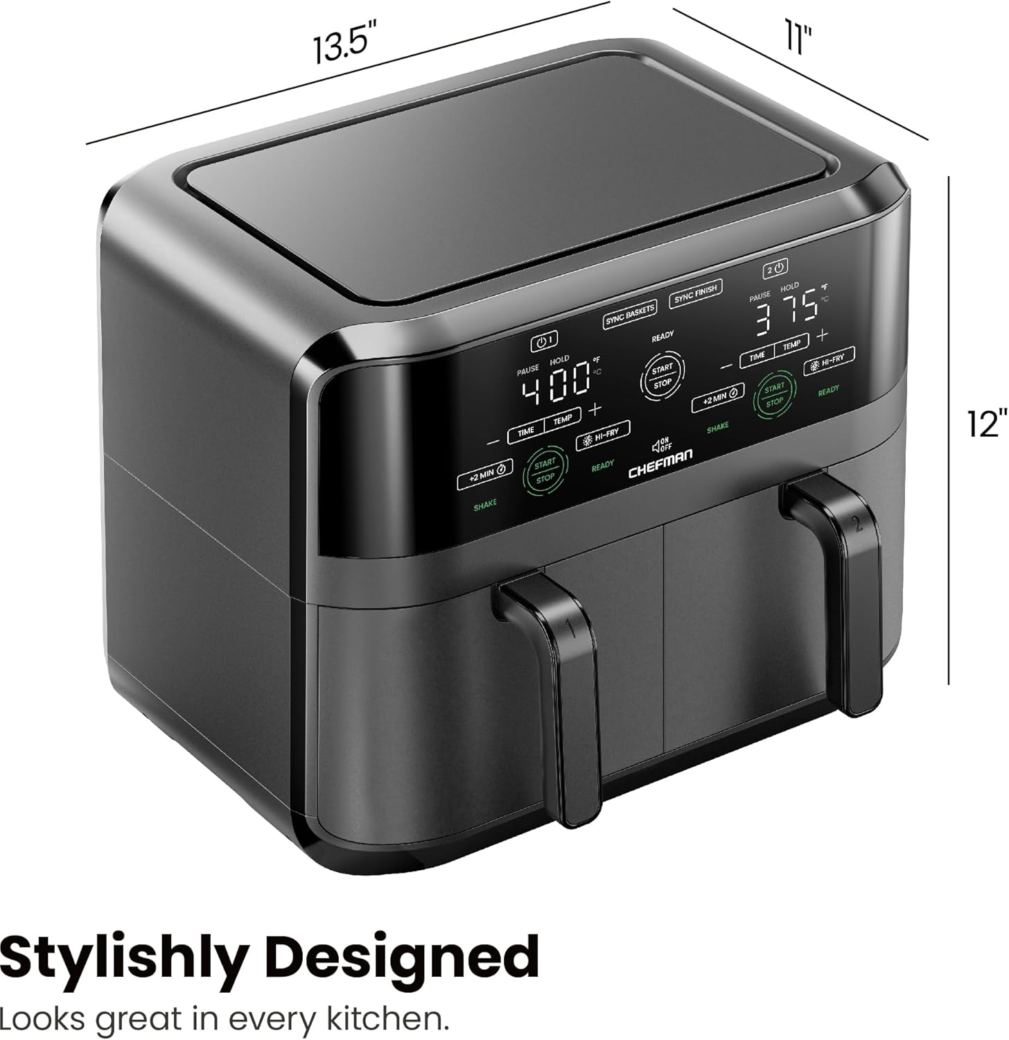 Chefman 6 Quart Dual Basket Air Fryer - Digital Touchscreen, Smart Sync Finish, Hi-Fry, Auto Shutoff, 2 Independent 3QT Nonstick Dishwasher-Safe Frying Baskets - Digital Double Air Fryer - Black image 9