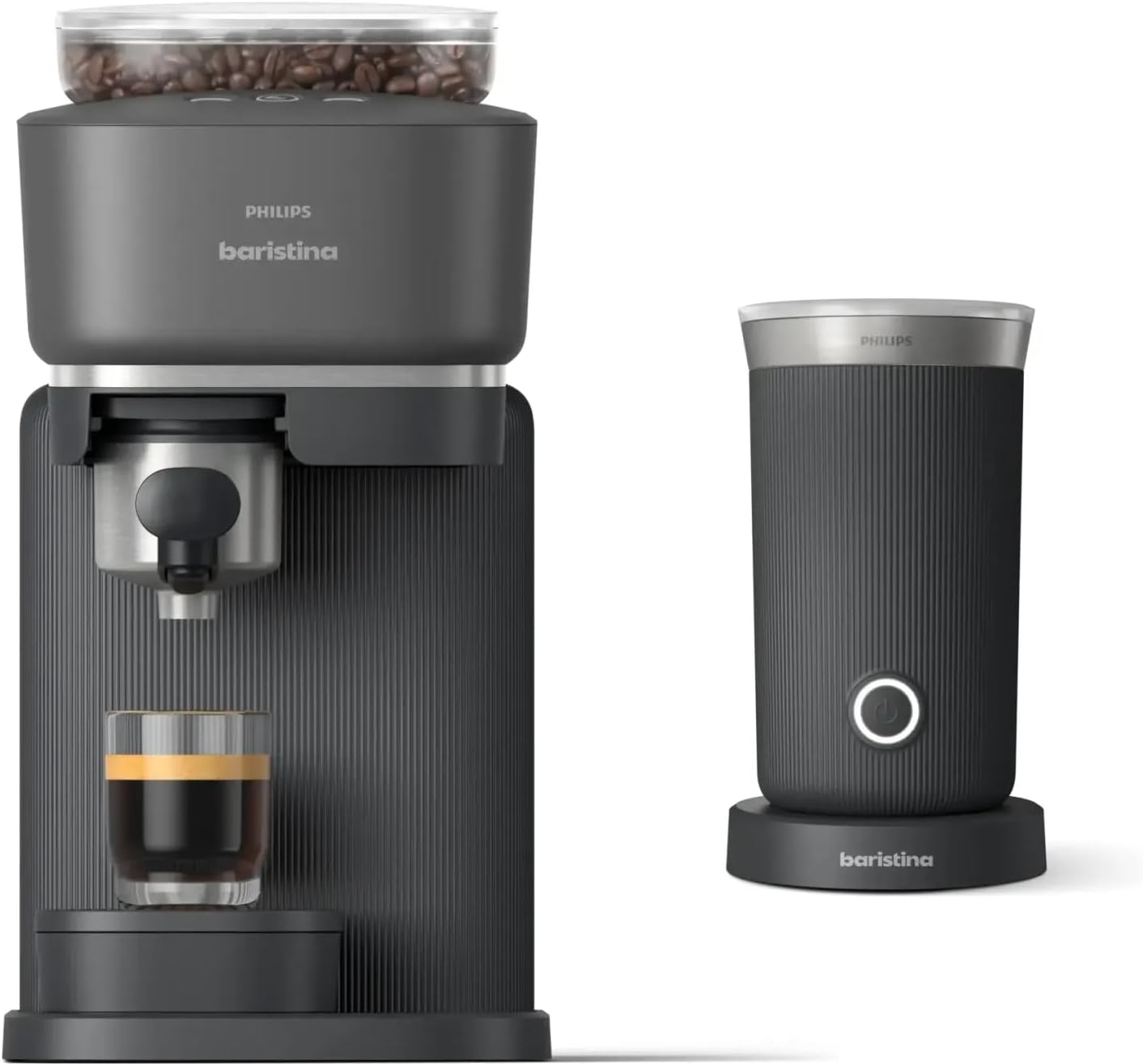 Philips Baristina Espresso Machine+Milk Frother Bundle. Real espresso. Compact coffee machine, portafilter, grinder, Cafe Crema. Dairy & Non-Dairy Milk foam​. Hot & Cold. Easy Clean. Black (BAR303/60) image 1