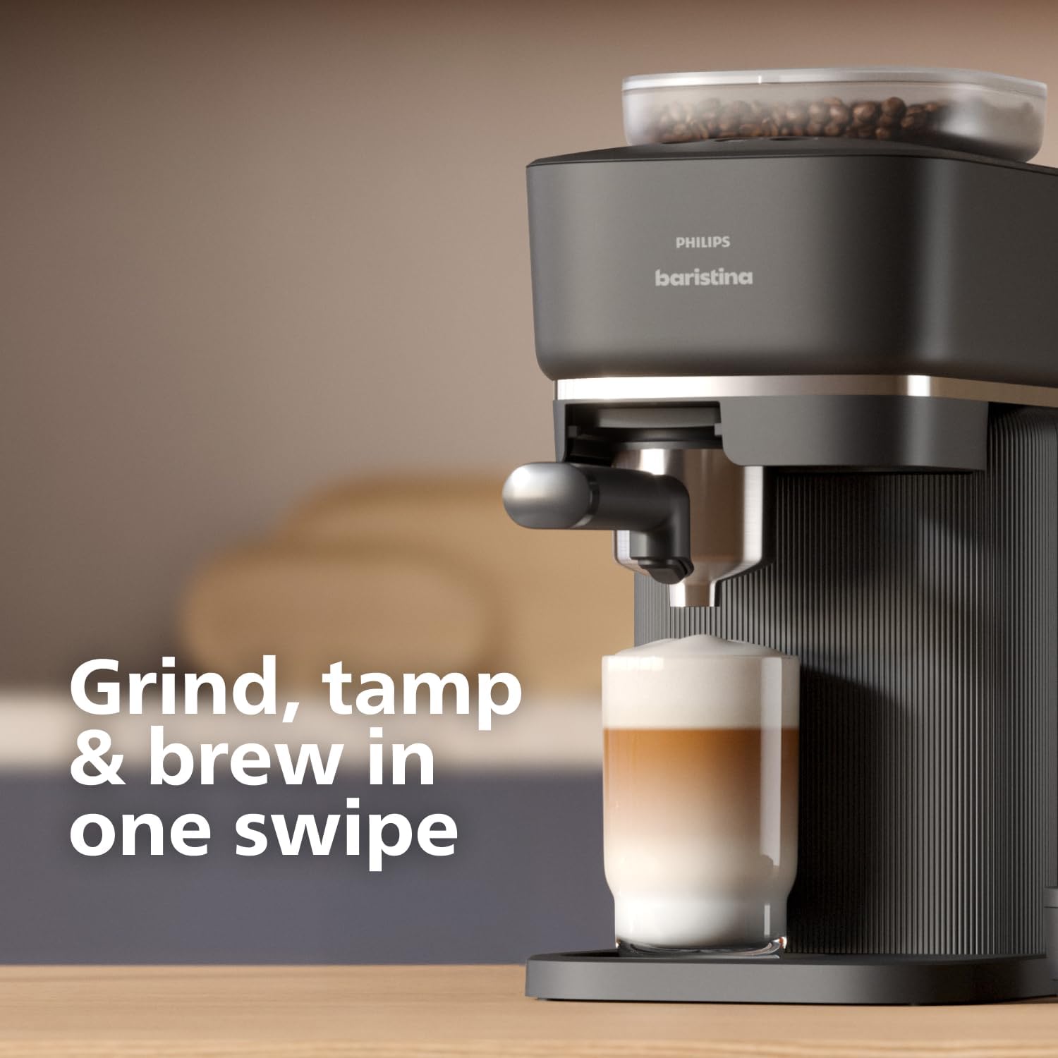 Philips Baristina Espresso Machine+Milk Frother Bundle. Real espresso. Compact coffee machine, portafilter, grinder, Cafe Crema. Dairy & Non-Dairy Milk foam​. Hot & Cold. Easy Clean. Black (BAR303/60) image 3