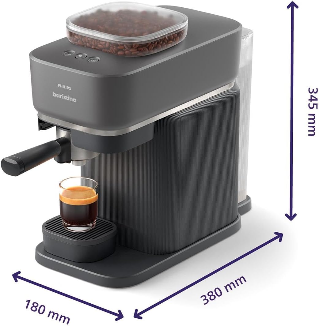 Philips Baristina Espresso Machine+Milk Frother Bundle. Real espresso. Compact coffee machine, portafilter, grinder, Cafe Crema. Dairy & Non-Dairy Milk foam​. Hot & Cold. Easy Clean. Black (BAR303/60) image 7